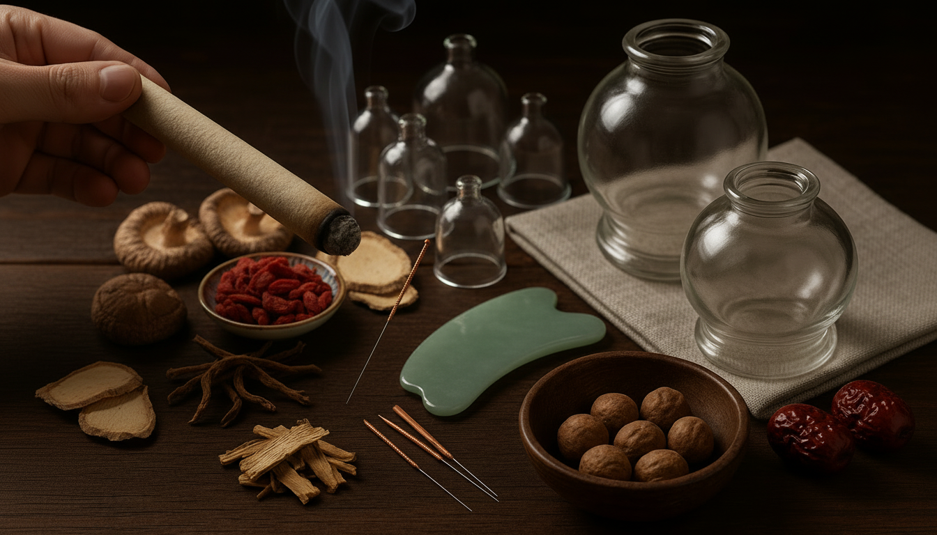 Imagem que mostre ventosas, moxa, agulhas de acupuntura, algumas raízes e outros alimentos e um guashá, para ilustrar técnicas de medicina chinesa.