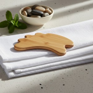 Meditation tools for relaxation including a simple wooden fish-shaped cutting board splayed on a cloth towel, a small bowl...