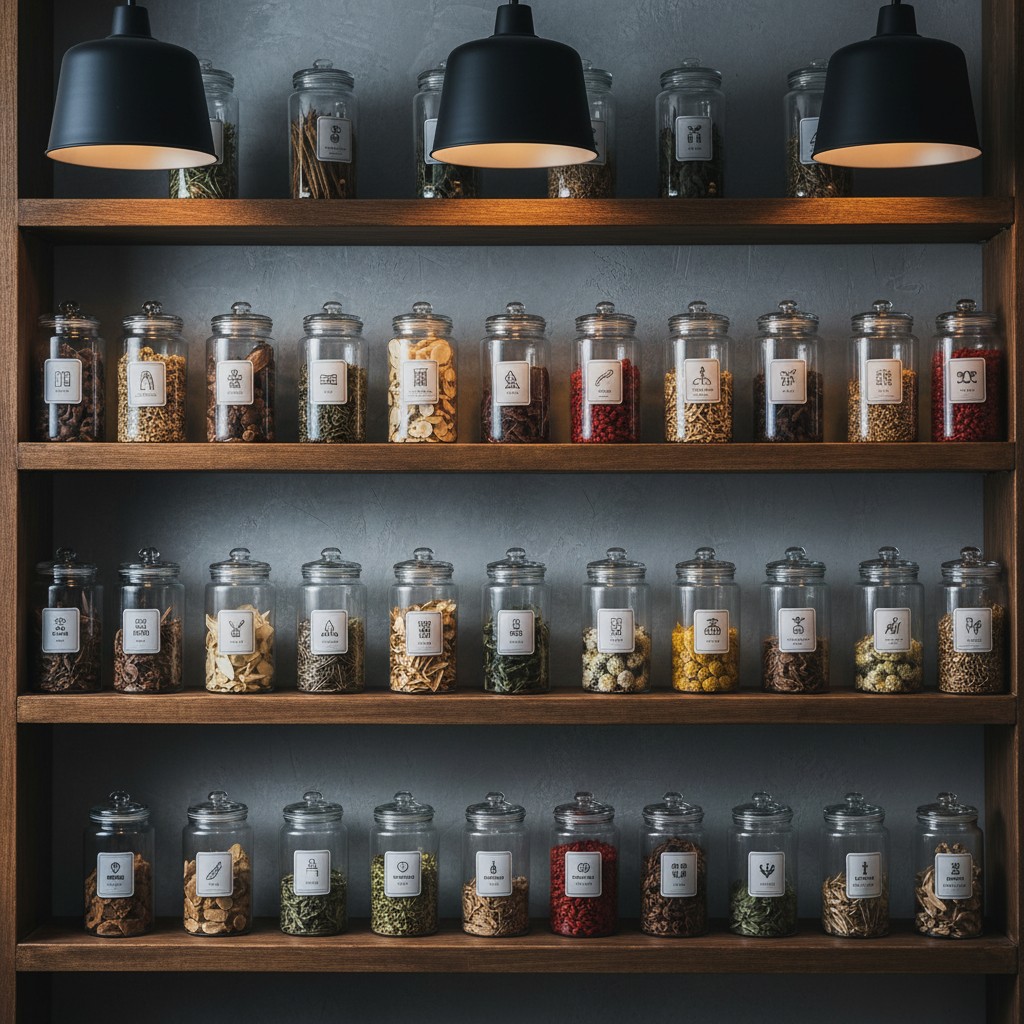 Shelves of spices and herbs lined with jars and illuminated by black light fixtures.