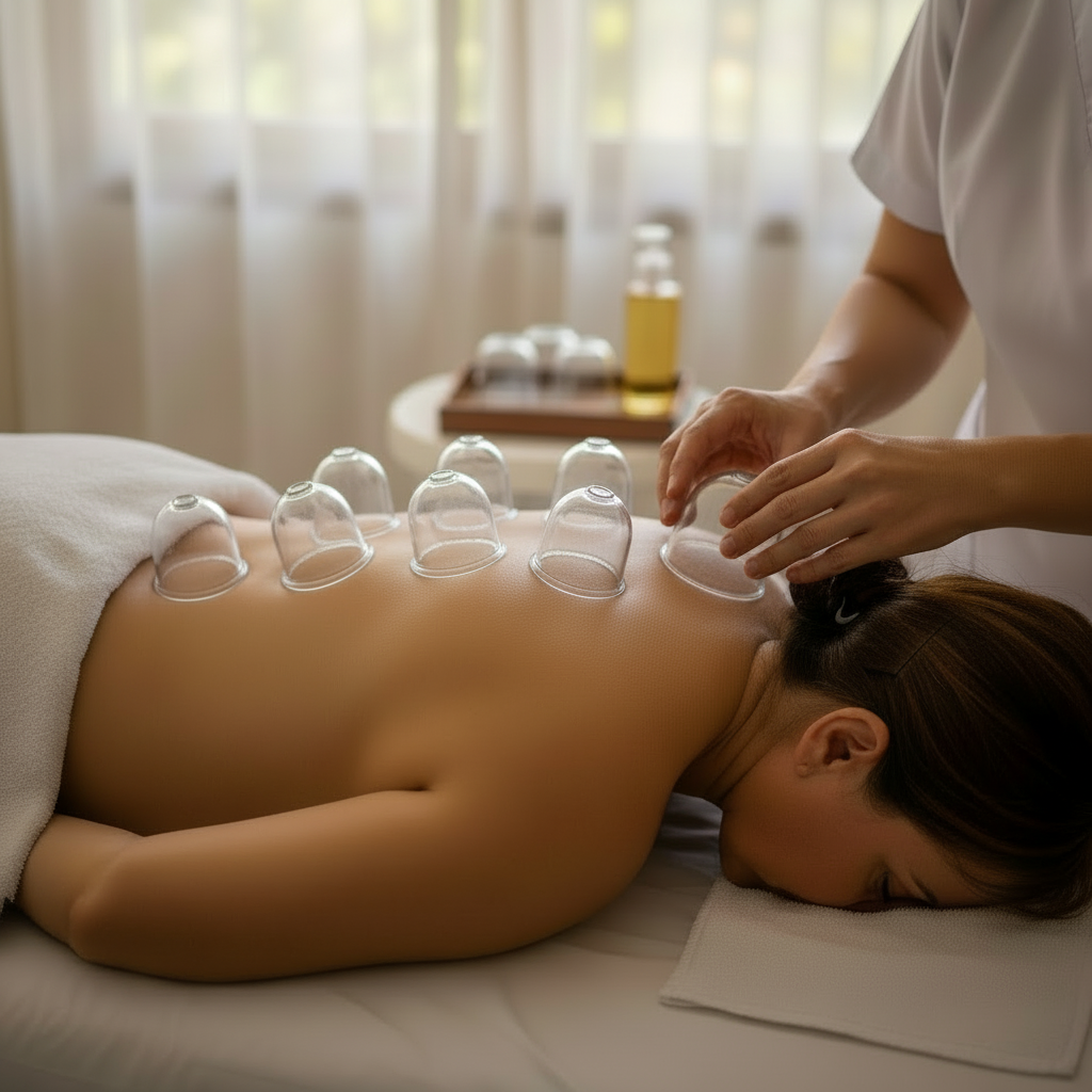 Gire o pescoço da paciente na direção da janela, mantendo a sessão de ventosaterapia visível e a pele sem marcas de hematoma, com várias ventosas nas costas.