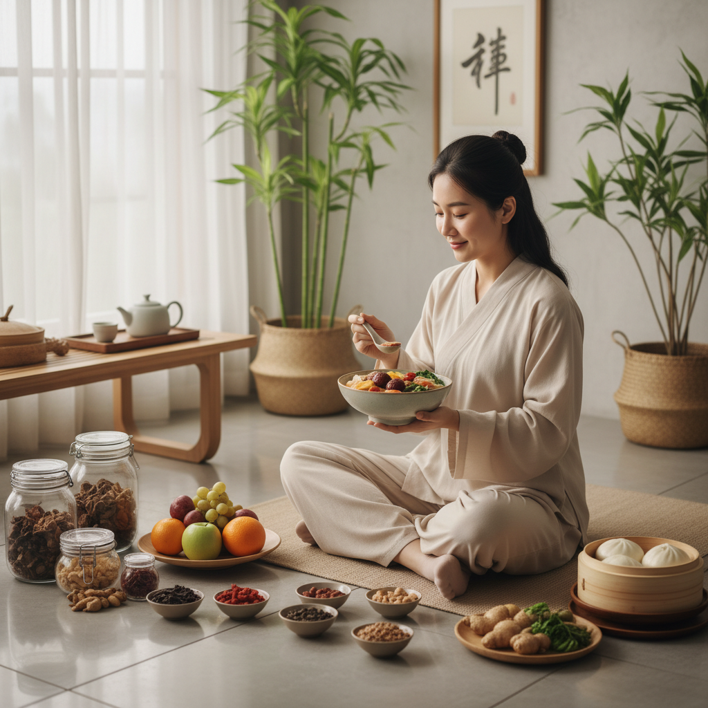 paciente recebendo Dietoterapia Chinesa, com alimentos tradicionais chineses e ambiente de bem-estar