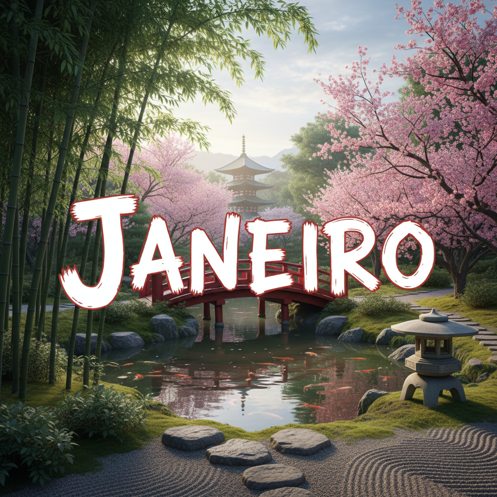 imagem com o texto 'Janeiro' em destaque e um fundo oriental, como um jardim japonês com bambus ou elementos asiáticos