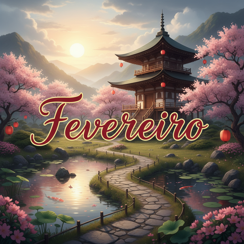 imagem com o texto 'Fevereiro' e fundo oriental