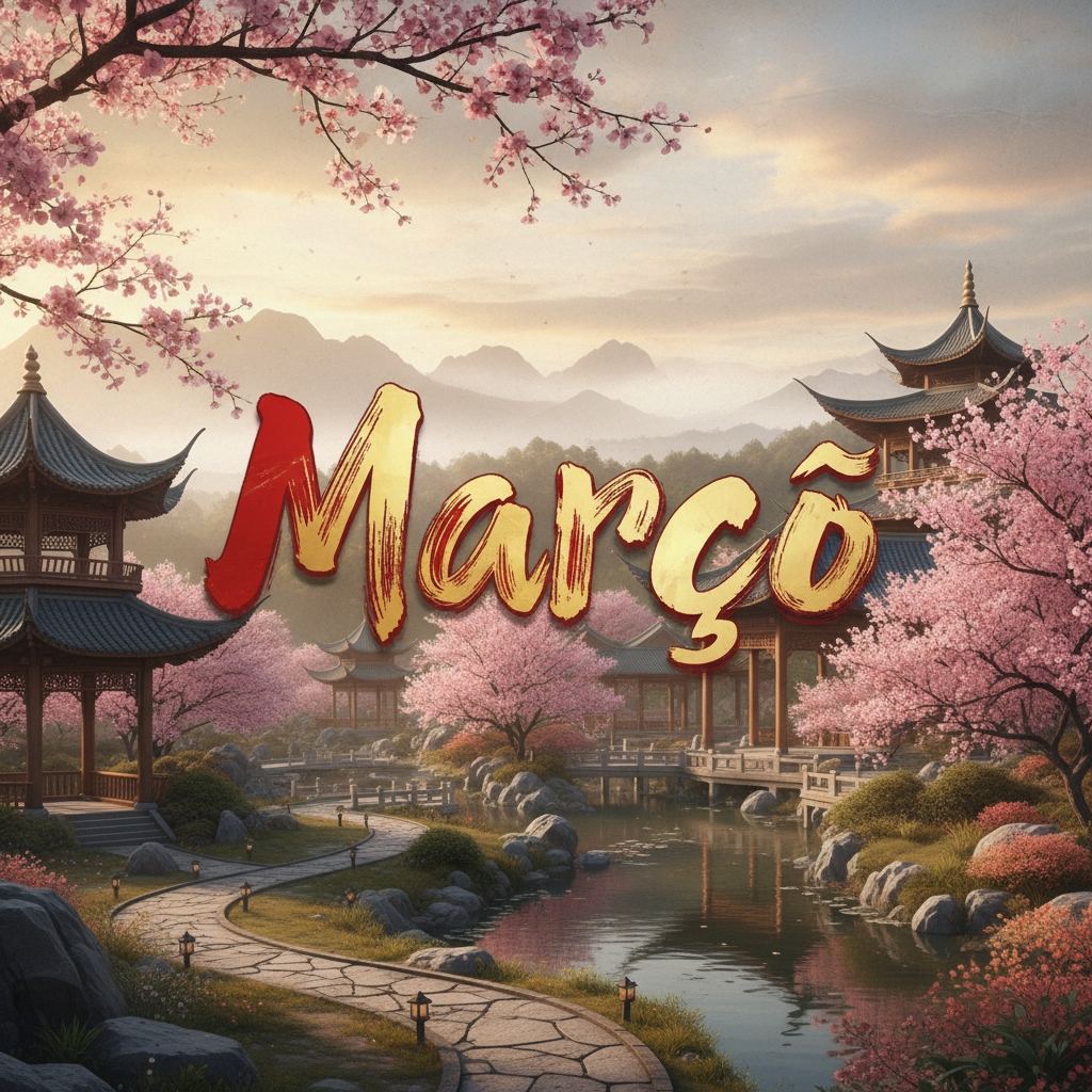 imagem com o texto 'Março' e fundo oriental