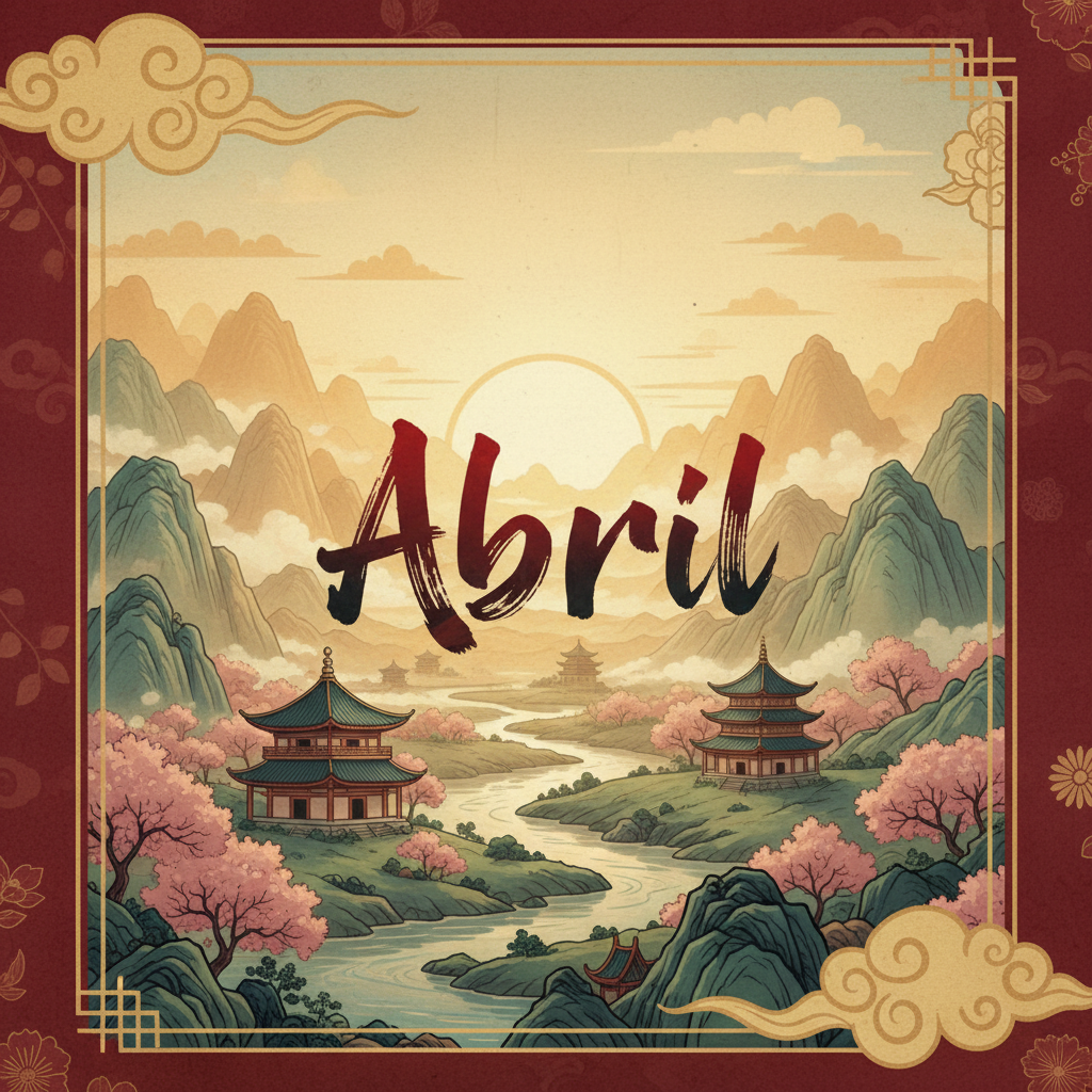 Imagem de capa em estilo oriental, com fundo de paisagem oriental semelhante à imagem atual da seção, contendo a palavra "Abril" na mesma fonte e estilo tipográfico da imagem existente, mantendo cores e atmosfera visual coerentes com o restante do calendário de eventos.