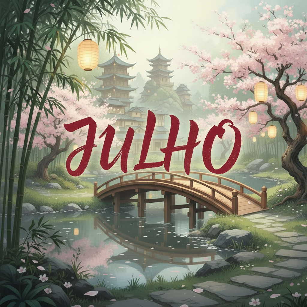 Imagem em estilo gráfico, mesma proporção e estilo das demais imagens de meses do calendário, com a palavra “Julho” usando a mesma fonte já utilizada, sobre fundo de paisagem oriental com casas chinesas antigas, cores harmônicas com o restante do calendário.