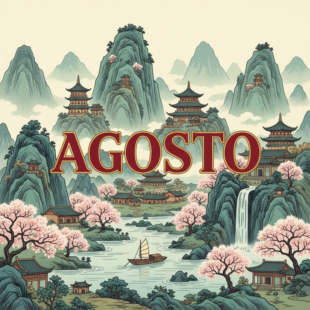 Imagem em estilo gráfico, mesma proporção e estilo das demais imagens de meses do calendário, com a palavra “Agosto” usando a mesma fonte já utilizada, sobre fundo de paisagem oriental chinesas antigas
